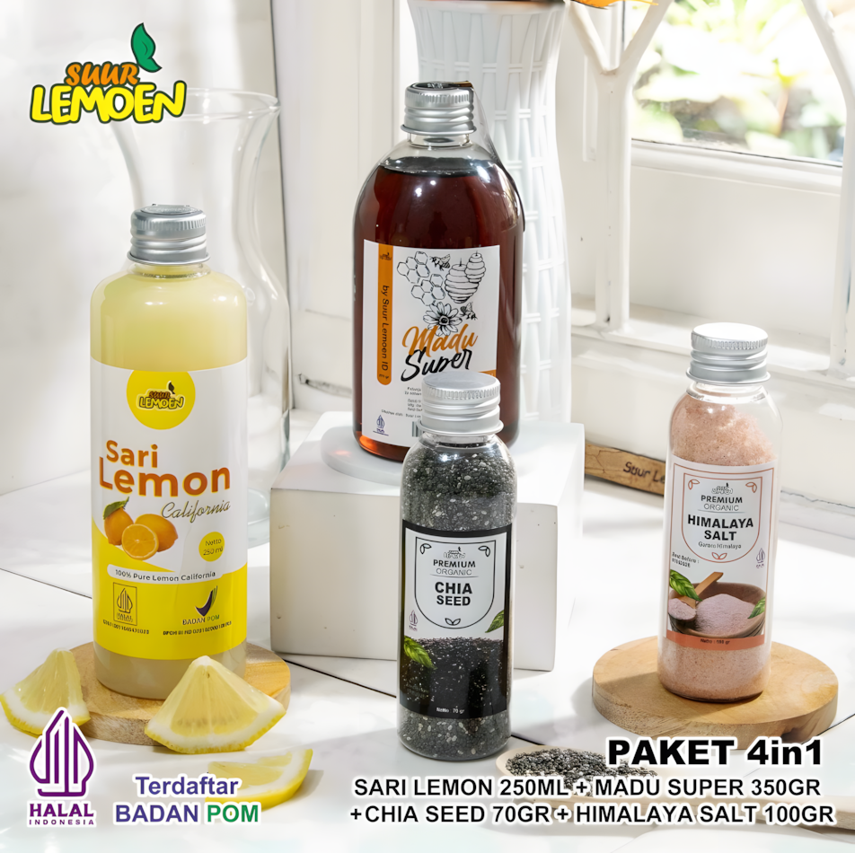 Suur Lemoen Paket Sehat 4in1 – Sari Lemon 250ml, Madu 350gr, Chia Seed 70gr, Garam Himalaya 100gr
