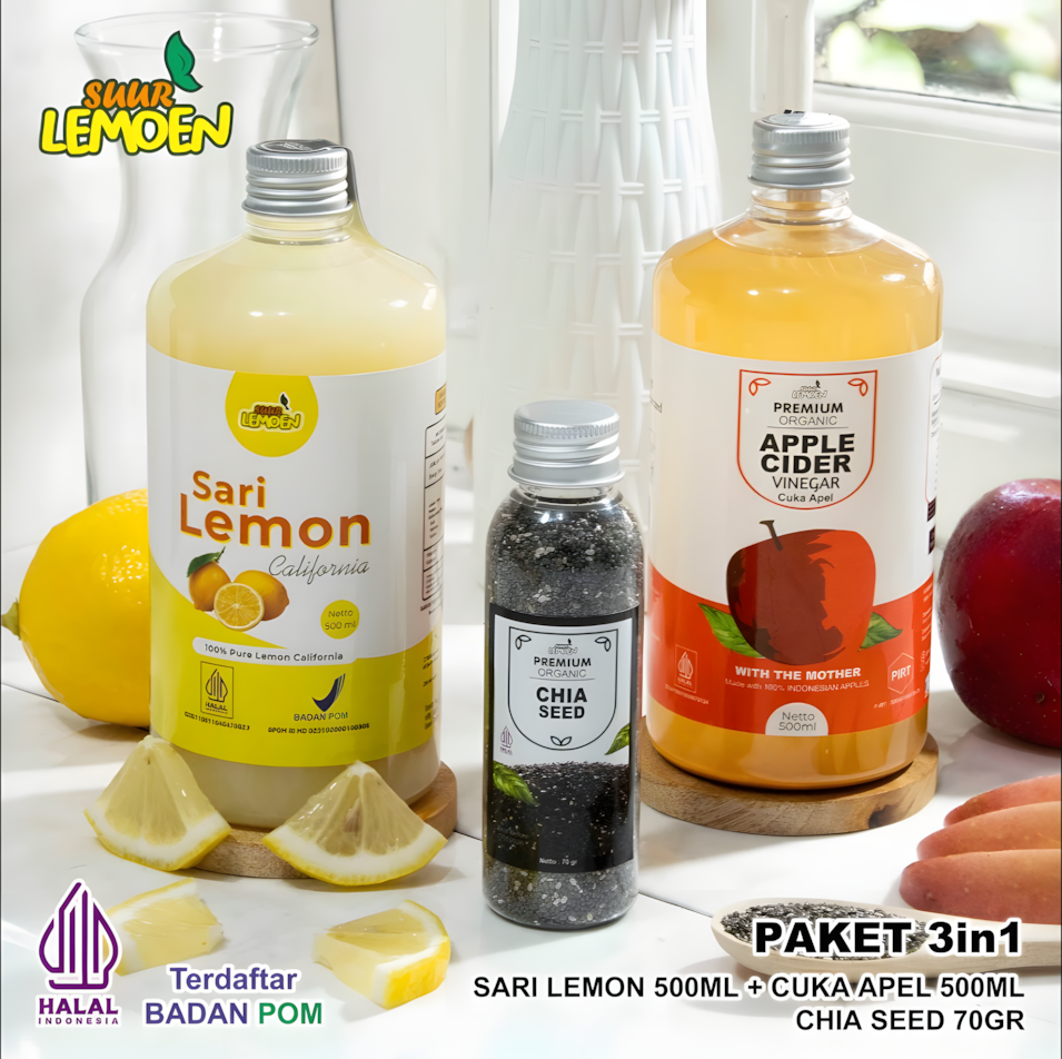Suur Lemoen Paket 3in1 – Cuka Apel 500ML, Sari Lemon 500ML, dan Chia Seeds 70Gr